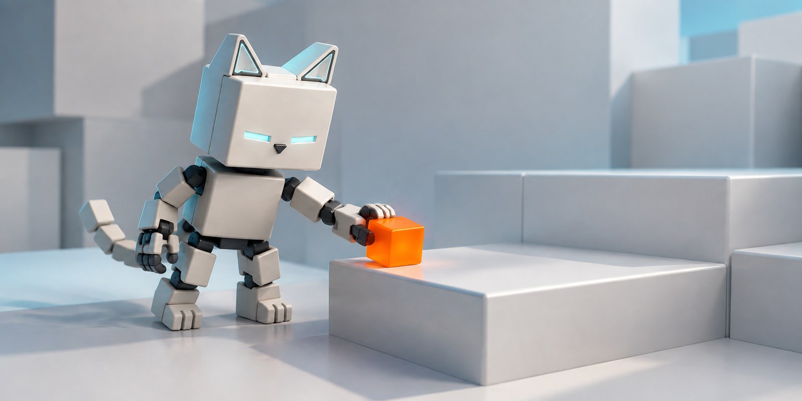 CUBICAT, a blocky robot cat, pushing a glowing orange cube off a ledge